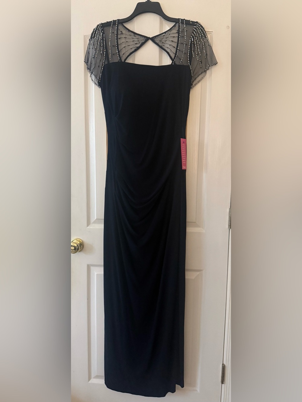Betsy & Adam Navy Beaded Capelet Maxi Dress